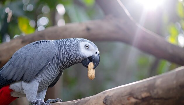 Gray parrot eating a peanut