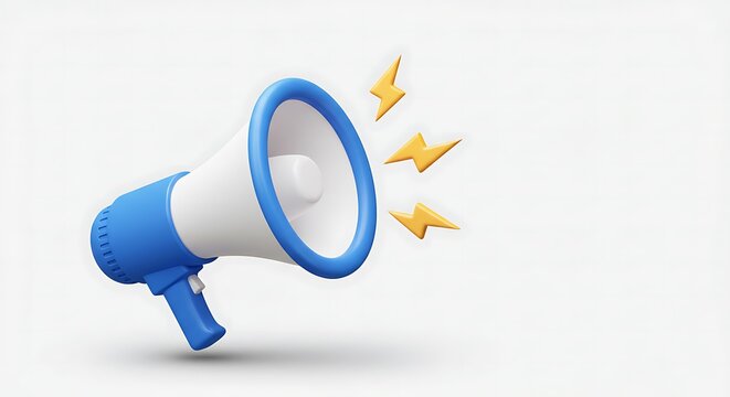 3D Blue megaphone and flash lightnings. Special offer. Social media promotion. Marketing time concept. Loudspeaker or speaker object. Realistic design emoji icon. 3D Vector illustration