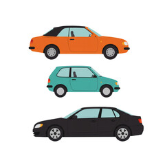 Fototapeta premium Flat color vector cars set in transparent PNG. Includes cabriolet, hatchback, and sedan in various colors. Perfect for transport design, poster, infographic, and modern illustration.