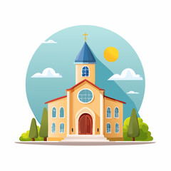 Jolie église, ciel bleu, arbres ,vue de face, illustration naïve, coloré