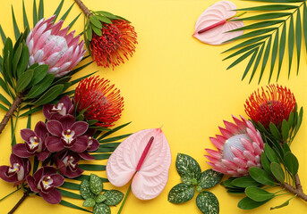 Naklejka premium Lush tropical flowers frame bright yellow design.