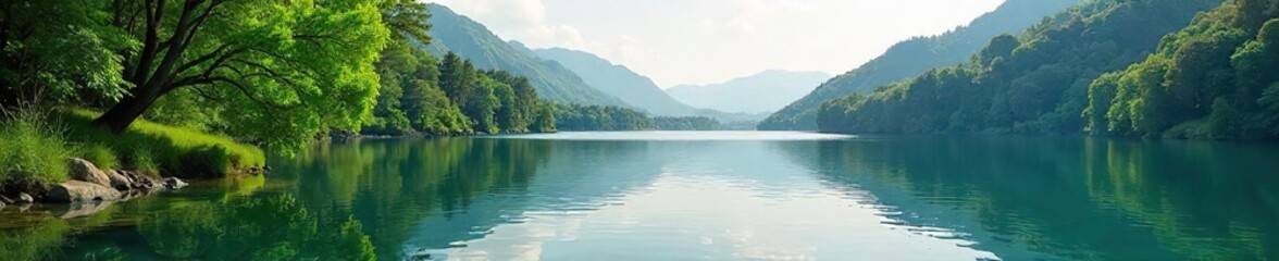 Serene lakeside scene perfect for relaxation and escape  Calm water, lush greenery, and tranquil atmosphere ideal for peaceful leisure  Enjoy the beauty of nature , spa, scenic, sunshine