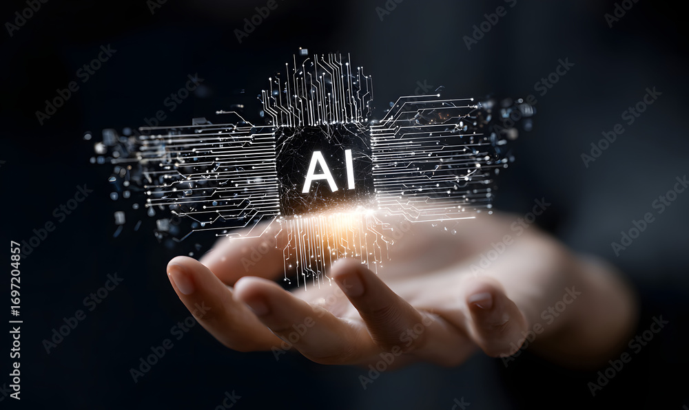 Poster a hand showing ai tech with generative ai concept, atificial intelligence cybe security, digital tra