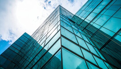 Low angle perspective of a modern glass skyscraper reaching towards the sky, symbolizing corporate growth and success