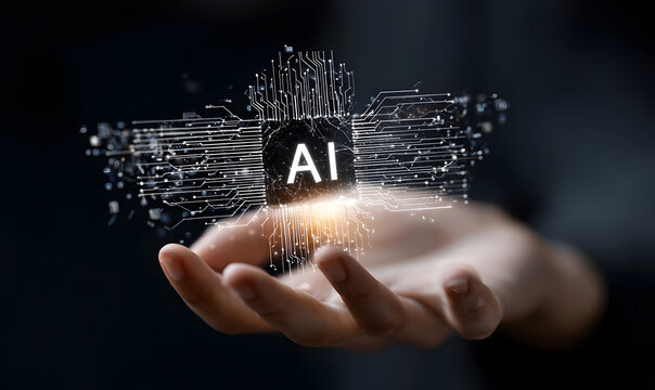 A hand showing AI tech with Generative Ai concept, atificial intelligence cybe security, digital transfomation, finance, document ile management, AI chip, lrge language model, LLM