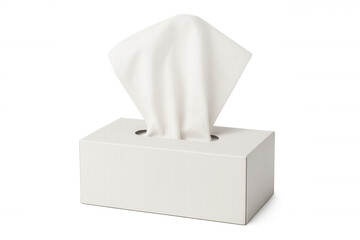 Clean white rectangular tissue box dispensing soft white facial tissues, isolated on a transparent background, ready for use