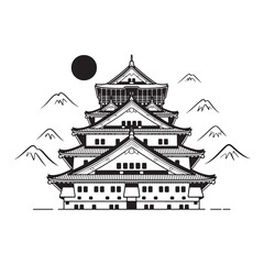 Monochromatic Japanese Castle Silhouette with Mountains and Moon Traditional Asian Architecture Serene Landscape Peaceful Scene Historic Landmark