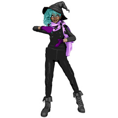 3D rendered cartoon young cozy witch isolated on transparent background