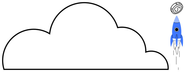 Blue rocket launching upward near a large cloud shape and a coin floating above. Ideal for innovation, technology, digitization, startup, crypto, finance, cloud computing. Simple flat metaphor