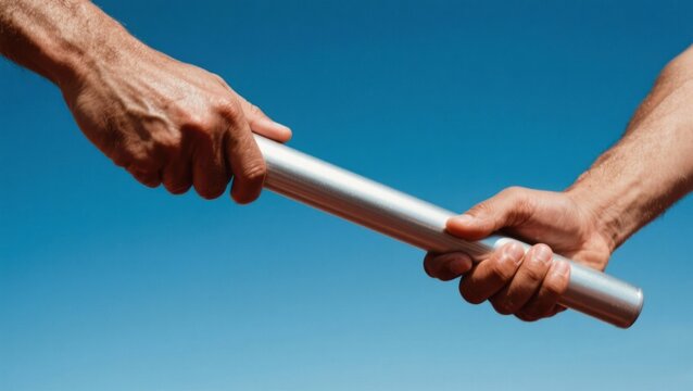 Business teamwork baton pass under blue sky symbol of leadership and success