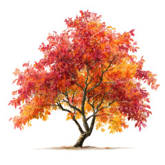Sassafras tree with multicolored red, orange, and yellow leaves on transparent background