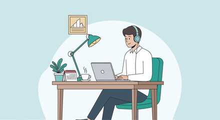 Man working on laptop at desk in home office with headphones on, enjoying a peaceful and productive atmosphere.