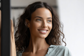 woman joyfully trying on clothes using augmented reality admiring her reflection in futuristic mirror