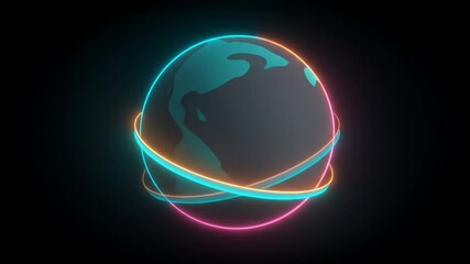 A stylized representation of planet Earth, encircled by vibrant neon rings, in a dark background.
