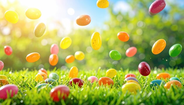 Colorful Easter eggs falling in a vibrant spring meadow