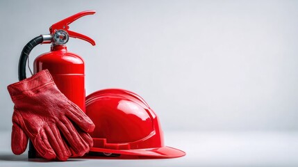 Fire Safety Equipment with Red Helmet, Gloves, and Extinguisher
