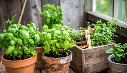 Rustic herb garden filled with basil, mint and other aromatic plants