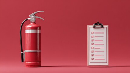 Obraz premium Red Fire Extinguisher with Checklist on a Vibrant Red Background