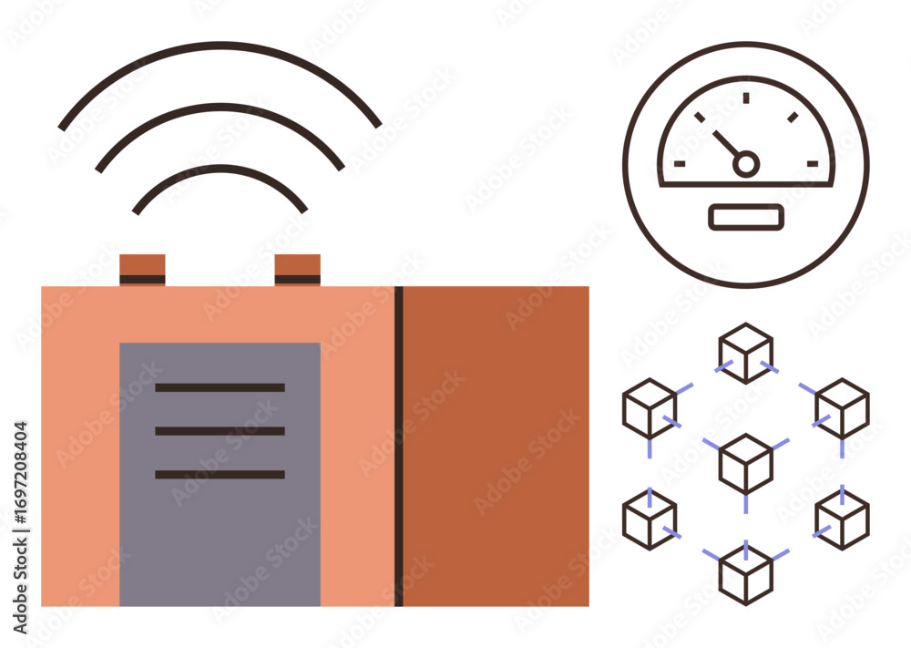 Poster connected battery with signal waves, performance gauge, and blockchain network blocks. ideal for wir