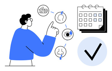 Person pointing to interconnected sensory focus icons, calendar with tasks, and completed checklist. Ideal for wellness, self-care, planning, productivity, health tracking, routine building simple