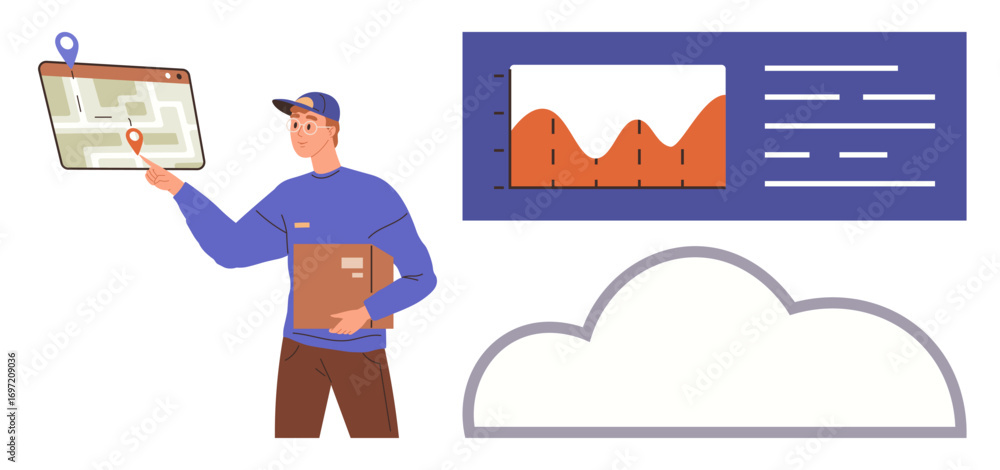 Poster delivery worker holding a package and pointing to a digital map with location pin. graph and cloud i