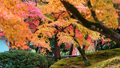 Splendor of Autumnal hues in Japanese garden with maple trees