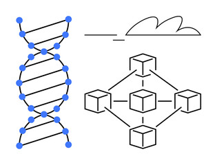 DNA helix symbolizing genetics, alongside a blockchain network and cloud element. Ideal for biology, genetics, technology, innovation, blockchain, cloud computing scientific research. Simple flat