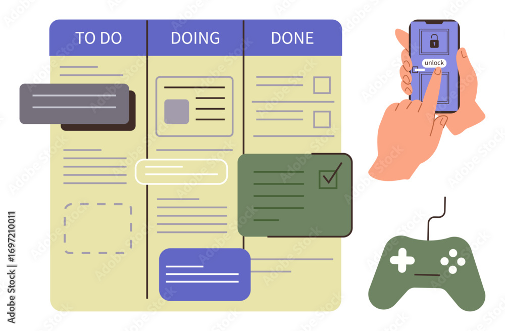Poster kanban board with tasks divided into to-do, doing, and done columns. a hand unlocking a smartphone u