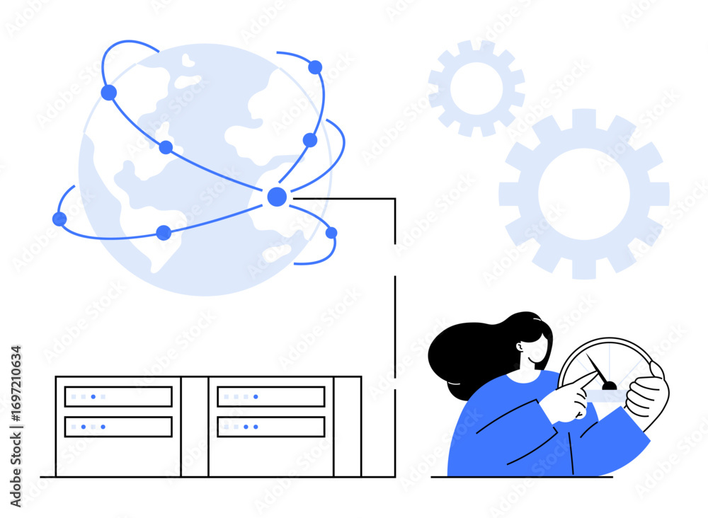 Aufkleber globe with interconnected nodes, server racks, and person with gear symbolizing connectivity, teamwo