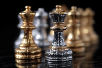 Closeup of chess pieces gold and silver queens arranged in a line on a reflective dark surface