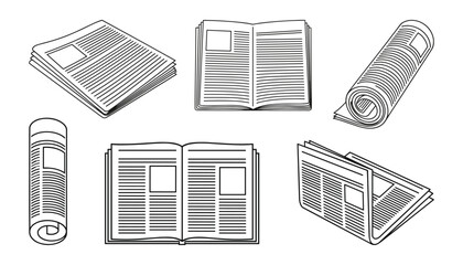 Newspaper Set: Stacked, Rolled, and Open Paper Icons in Line Art Style Vector Illustration