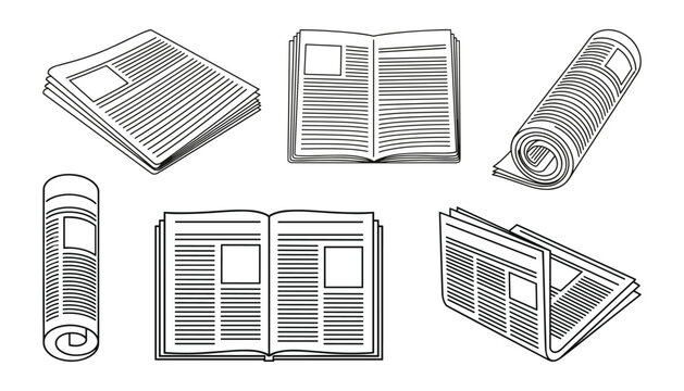 Newspaper Set: Stacked, Rolled, and Open Paper Icons in Line Art Style Vector Illustration