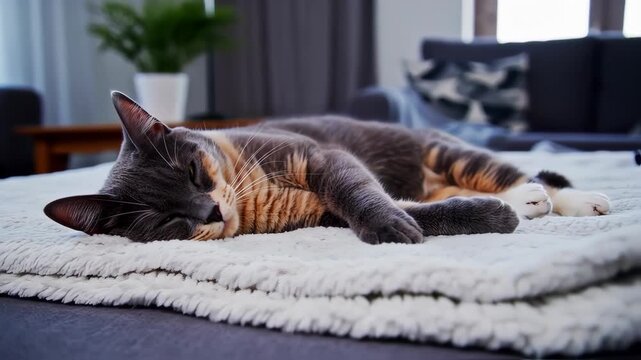 A calico cat naps peacefully on a soft white blanket