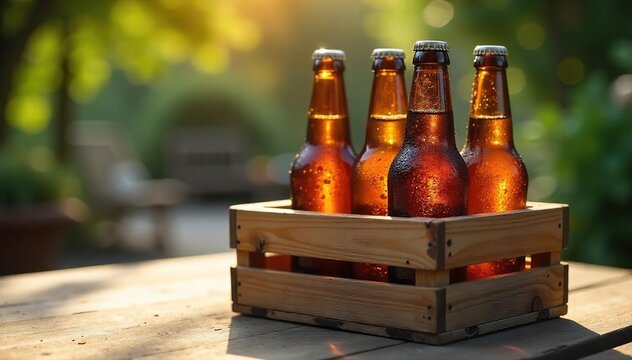 Ice cold beer bottles sweating condensation, sitting in a rustic wooden crate on a sun-drenched patio table Perfect for summer refreshment and relaxation , ice, afternoon