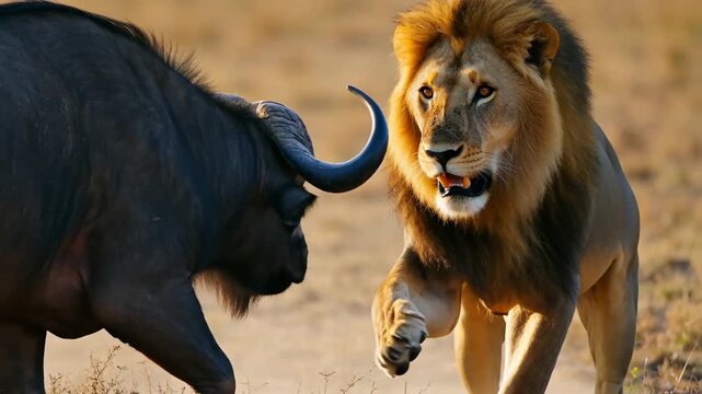 African lion stalking cape buffalo during golden hour sunset in savanna wildlife encounter