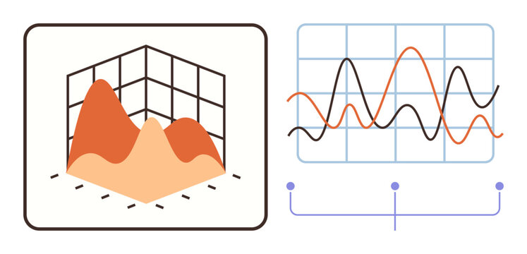 3D surface plot alongside a line graph illustrating data analysis trends. Ideal for analytics, statistics, presentations, forecasting, research, tech, and education. A simple flat metaphor
