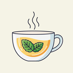 Vector line art illustration of a hot cup of herbal mint tea. A warm and relaxing beverage with fresh leaves in a transparent mug, with steam rising