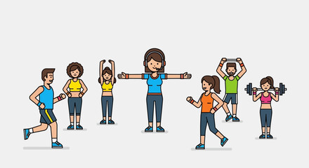 Fototapeta premium Vector illustration of a diverse group of people in a fitness class led by an instructor, engaged in various exercises and workouts for health and wellness