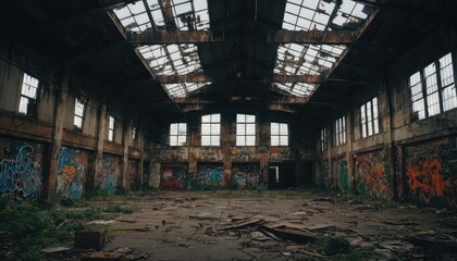 Old abandoned factory with an empty industrial interior and worn concrete walls