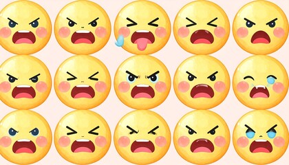Fototapeta premium Vivid assortment of expressive yellow emoji faces displaying various rage states