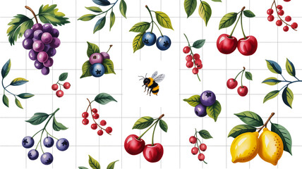 Watercolor pattern, white background, gray grid lines, artistic, seamless design