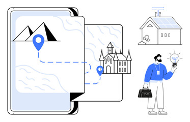 Open map with destination markers for mountains and castle, eco-friendly smart home with solar panel, insightful professional analyzing solutions. Ideal for travel, sustainability, innovation