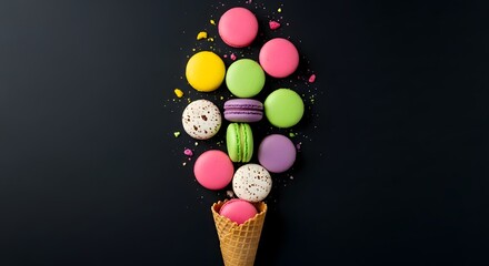 macarons arranged as an ice cream scoop in a waffle cone on a black surface