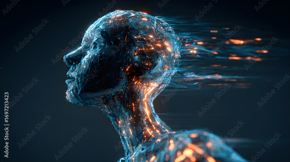 Poster artificial intelligence is processing data in a futuristic human head