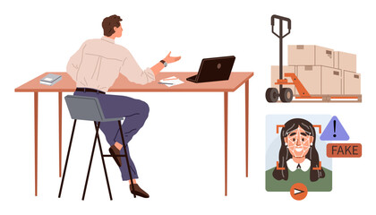 Man at desk analyzing suspicious digital content with fake warning symbol, stacked boxes on a pallet jack nearby. Ideal for digital fraud, awareness, logistics, diligence, social media, education