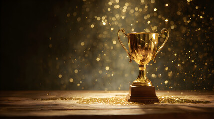 Golden trophy shining on wooden table with falling glitter celebrating victory