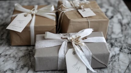 Three elegantly wrapped gifts rest on a marble surface. Brown and grey paper is accented with white ribbons, twine, and handwritten tags. Minimalist and sophisticated aesthetic - Powered by Adobe
