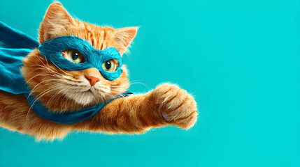 Ginger cat superhero wearing mask and cape flying and punching on turquoise background