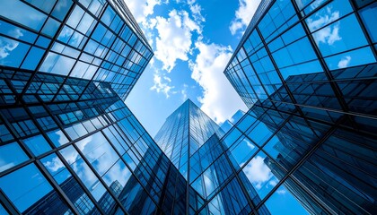 Obraz premium Dynamic low-angle perspective of towering glass skyscrapers with reflective surfaces reaching for a brilliant blue sky