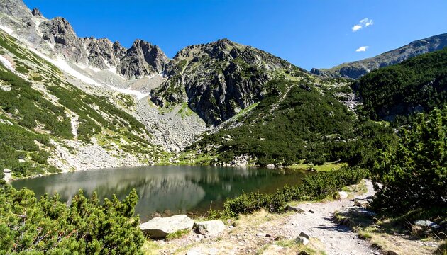 Mountain lake nestled in a valley